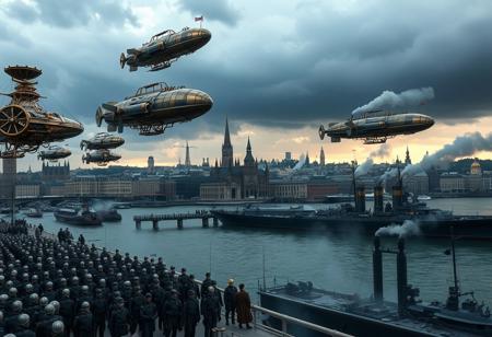In the expansive harbor, a fleet of Victorian steampunk airships soars through the sky, their bronze and iron hulls glistening in the diffused morning light. Gears and propellers churn rhythmically, while steam hisses from the vents, propelling the airships toward the distant horizon. Below, the ground is a hive of activity, where an army clad in polished iron armor stands at attention, awaiting orders. The soldiers, positioned in precise formations, prepare to board the massive battleships docked along the pier. The navy's imposing vessels, crafted with industrial-era ingenuity, are lined up, chimneys spewing thick plumes of smoke into the sky. A sense of anticipation permeates the air as the forces ready for battle. The city behind them, with its towering gothic architecture, casts long shadows across the harbor, adding to the tension. The dramatic, low-angle shot captures the converging forces of air and sea, amplifying the chaos and strategic intensity of the moment. The sky darkens as storm clouds gather, setting an epic and moody cinematic tone.
Victorian age, industrial evolutionary-era.
(Ultra-realistic, 32k, Masterpiece, High Quality, Detailed Realistic Background, Official Art, Realistic Lighting, filmfotos, film grain, reversal film photography)