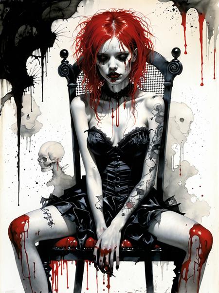 ink illustration, style of Stephen Gammell, Surreal, Macabre, Disturbing, Whimsical, Atmospheric,
1girl,pretty goth girl, portrait, (blood red hair), black lips, tired expression, cleavage, sitting on an intricate chair, <lora:add_detail:1>