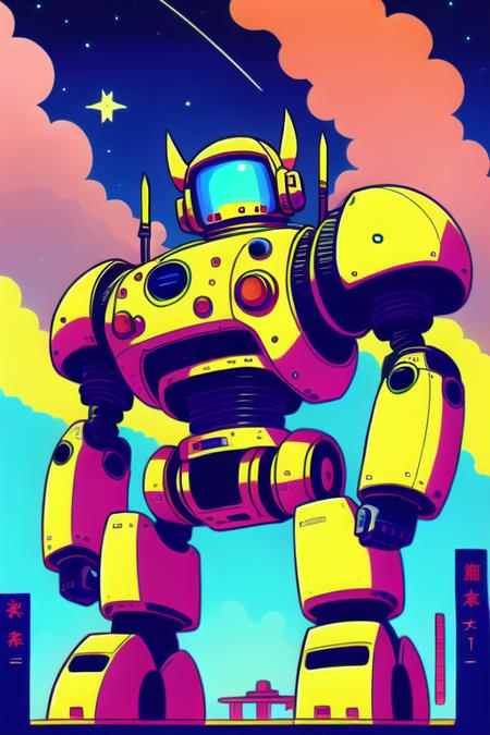 goofy popped color, pop art,robot, mecha, no humans, solo, radio antenna, science fiction, star (sky), no text <lora:goofy popped color:0.8>