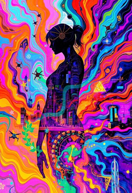 Abstract drawing, the woman's silhouette barely perceptible, soft ghostly outline dissolving into the background, a stunning explosion of colors—vivid oranges, azure blues, hot pinks, neon purples, and electric greens swirl and flow like liquid, merging in chaotic yet harmonious waves. Futuristic elements emerge—floating geometric shards, neon circuitry spiraling in and out of focus, holographic patterns shifting, glowing abstract symbols flickering. The silhouette hints at a figure, abstract lines suggesting arms and a face, but it’s fragmented, almost dissolving. Neon streaks of light burst from the silhouette, merging into a fractal network of wires and glitching data streams. Fragmented cityscapes and neon billboards peek through the chaos, distorted and bending like reflections in a rippling surface. Floating orbs, futuristic drones, and holographic dragon shapes twist through the vibrant scene, dissolving into waves of energy. Psychedelic layers pulse with brightness, creating depth. The entire scene radiates energy, dreamlike and disorienting, an abstract fusion of digital beauty and chaos.