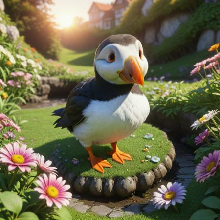 (designed by Johji Manabe:0.9) and (Leanne Surfleet:1.1) and (Takasaki Masaharu:1.2) , anime key visual, concept art, wide shot of a (Puffin:1.3) , it is very Radiant and Hateful, hyper detailed, garden and Daisies background, autumn roots with Carnation, at Sunrise, split diopter, Sketch, Frightening, Rococo, short lighting, 50mm, Offset print, Mandala, epic fantasy, Concept Art World, Pixabay