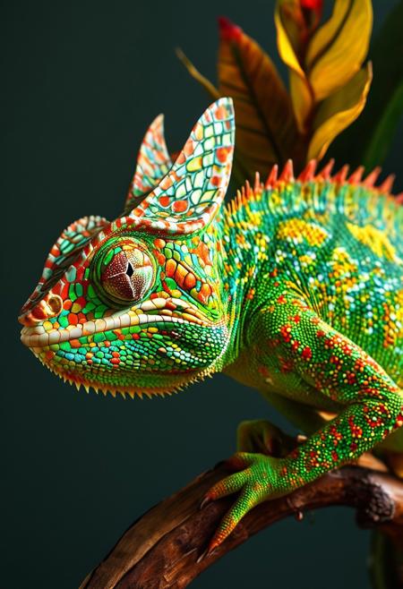 apture a photo-realistic image of a chameleon with dragon horns,  adorned with green scales featuring intricate red and gold patterning. The chameleon should have colorful, beautiful eyes and be depicted in a dynamic full-body pose on a banana branch. Utilize cinematic lighting with Rembrandt lighting techniques to create depth and drama in the image. Incorporate volumetric lighting to enhance the atmosphere around the chameleon. The photograph should be taken with an aperture of F/2.8 to create a shallow depth of field and focus attention on the subject. Ensure maximum detail and ultra-realism in the rendering. The chameleon should be centered in the frame, commanding attention and exuding beauty and majesty. The overall composition should be visually captivating and showcase the intricate details of the chameleon's scales and horns.
(Dramatic Lighting, Photography, 3D Illustration, Vibrant Colors, Exquisite Detail, Award Winning, Stunning)  <lora:MJ52:0.5> epiCPhoto