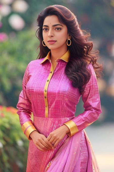 hires  photo of juhi woman, studio quality, looking straight at viewer, detailed high collar dress, background bokeh <lora:Juhi_Chawla_SD15_LoRA:1>