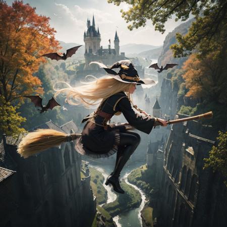 (riding broom), 1 lady, long blonde hair, outdoor, flying, (from side), (from top), ((witch riding on broom)), (snow), winter, trees and castle in bottom,  broom between legs, bats around her, 