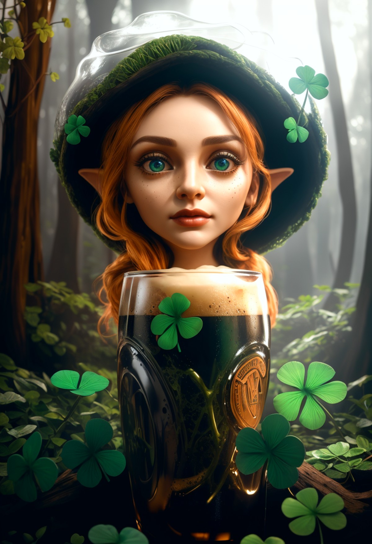 shamrock forest woman creature, drinking a glass of Guinness sitting in a giant glass of Guinness, big eyes, studio qualit...