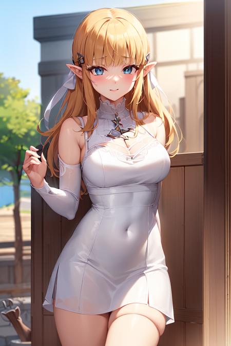 masterpiece, best_quality, 1girl, solo, princess zelda, nintendo, the legend of zelda, (SkSw:3.0), sidelocks, white dress, blunt bangs, hair ribbon