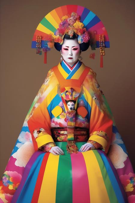 <lora:Okuda San Miguel Style:1>Okuda San Miguel Style - a realistic photo of an oiran pope using pope clothes in rainbow colors