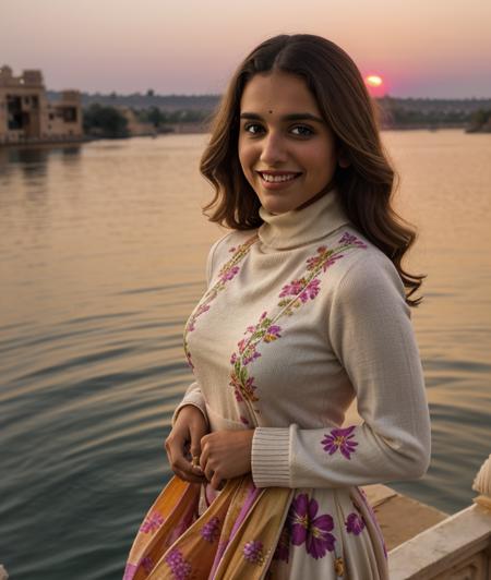 p3p3v2 , smile, nature, breast, Colorful flowers, Sunset, soft light, intricate, Udaipur Rajasthan lake, Turtleneck, dress without neckline, ((close portrait))