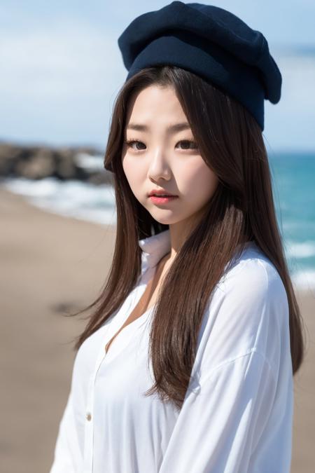 masterpiece, best quality,closed mouth, looking at viewer,  alluring, clean, beautiful face, pure face, pale skin, little smile, a woman standing on a beach next to the ocean with a hat on her head and a jacket on her shoulders and a white shirt underneath her, <lyco:kang_mina:1>,