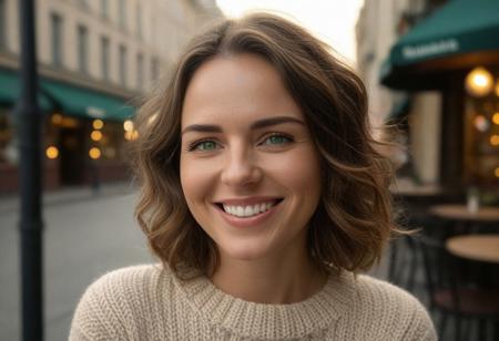 *A meticulously detailed, hyper-realistic portrait of Olivia, 35 years old, slender oval face,with softly contoured features, straight narrow nose with a gentle slopewith sun-kissed skin, bright green eyes, and a radiant smile. Her wavy, very short-length light brown hair is casually tousled,. Extremely natural skin texture, subtle wrinkles, subtle laugh lines. Her skin is natural, with subtle imperfections that enhance realism and a warm, genuine smile that reveals slightly perfect teeth.*     
The background is a cozy urban café with warm string lights and a blurred cityscape at dusk. Shot with a Hasselblad H6D-100c medium-format camera, using a tight crop and shallow depth of field (f/2.8) to emphasize the fine details of her beige woolen sweater and natural skin texture. The lighting is warm and diffused, casting a golden glow reminiscent of a Thomas Kinkade painting.*