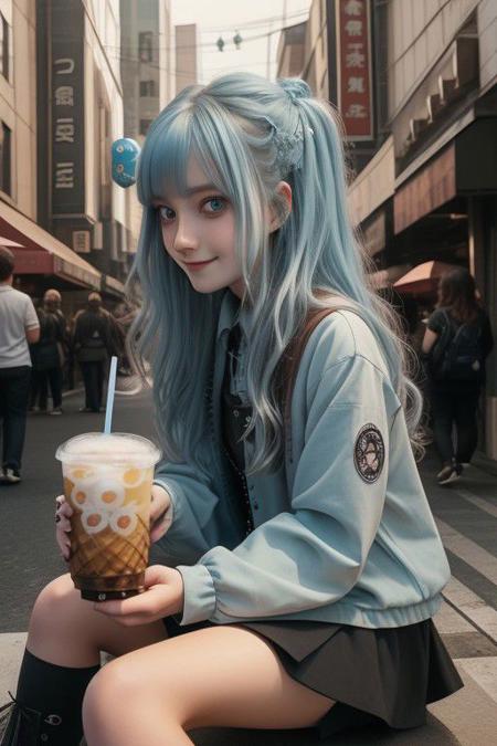 4K,8K. An attractive american gothic punk girl, chestnut very long wavy hair, wide dreamy light blue eyes, wide smile, face close up, (holding a bubble tea,) (dynamic sitting pose, on the street)