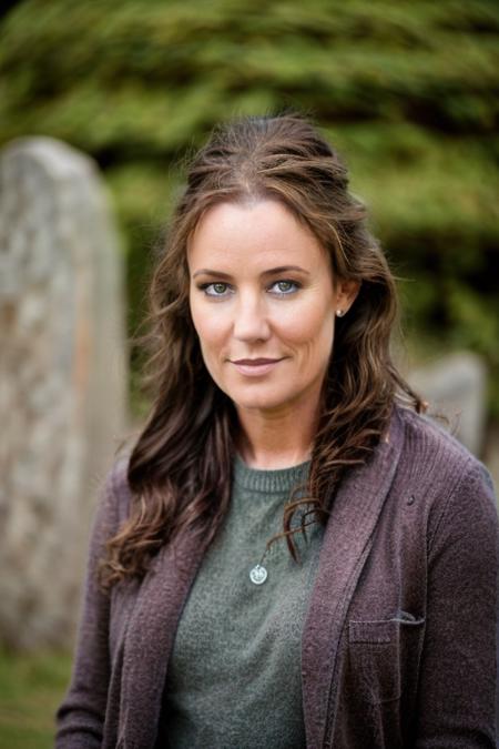 <lora:Orla_Brady:1> masterpiece, best quality, 1girl, solo, o1873b, brown_eyes, realistic, brown_hair, long_hair, posing, walking through a An ancient burial ground with standing stones  wearing a Eye Brown jumper and blue jeans