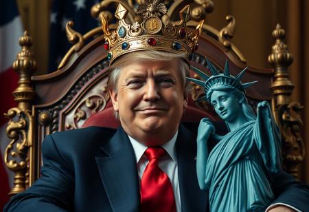 Donald Trump as the King of the USA: Donald Trump sits on a regal throne, crowned as the “King of the USA.” His crown is adorned, not with traditional jewels, but with the symbols of major cryptocurrencies: Bitcoin, Ethereum, and Dogecoin. Trump’s expression is a fierce yet confident smile, exuding a sense of power and dominance.
Scene Composition: In the background, Kamala Harris appears distressed, shedding tears as she’s gently supported by a small Statue of Liberty figure, which tugs her forward as if to reassure her or console her loss.
Visual Style: Shot using Panavision Cine Prime lenses, with top-level color correction and detail. The image is polished with a docufiction style, adding a subtle realism and dramatic cinematic flair. Colors are vivid yet slightly moody, capturing the contrast between Trump’s triumph and Harris’s despair.