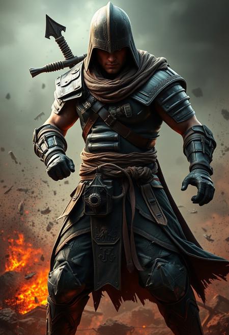 epic warrior, war torn background, defensive stance, epic quality, photorealistic, very realistic