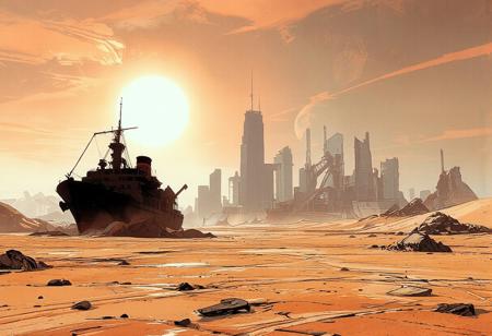 We are in the future, on Earth. Due to climate change, the water has evaporated, and the planet now resembles Mars. From ground level, we see the vast desert that was once the Atlantic Ocean—now an endless expanse of sand and jagged rock formations.
A very old commercial ship lies stranded in the sand, almost entirely buried. Beside us, the arm of the Statue of Liberty emerges from a sand dune. In the distance, the remains of Manhattan’s skyscrapers stand in ruins, completely overtaken by the shifting sands.
The sun is not visible, as it is rising behind us, while a massive moon sets ahead, sinking behind the crumbling skyscrapers. The sky is painted with stunning hues of orange and blue, like the colors of dawn, with the large moon still visible above the horizon.