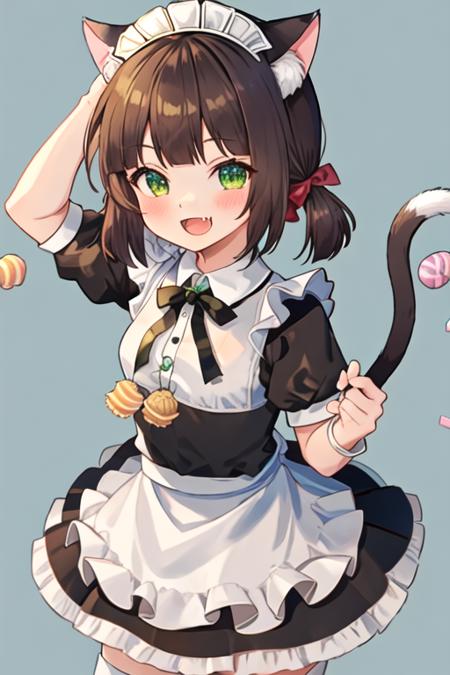 best quality, masterpiece, highres, solo, {maid:1.40}, {long maid dress:1.15}, {mutsuki_azurlane:1.15}, animal_ears, cat_ears, brown_hair, open_mouth, green_eyes, twintails, hat, short_twintails, short_hair, ribbon, blush, school_hat, yellow_headwear, low_twintails, animal_ear_fluff, smile, fang, tail, bangs, cat_tail, candy, food, bow, cat_girl, ears_through_headwear