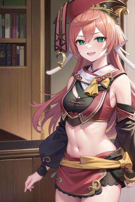 yanfei, antlers, horns, pink hair, long hair, hair between eyes, (green eyes:1.5), black bra, black shorts, boots, bow, bra, high heels, long sleeves, midriff, navel, red headwear, red skirt, red vest, shorts, skirt, two-tone footwear, vest, yellow bow,