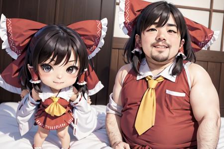 masterpiece, best quality, (ultra-detailed:1.2), (illustration:1.3), (hakurei reimu:1),1girl1boy
AND 1girl1boy, (hakurei reimu:1.5), nendoroid, (chibi:1.5), big breasts, full body, acrylic stand
AND 1girl1boy, smile, (mature fat man:1.3), (hakurei reimu:1.2)