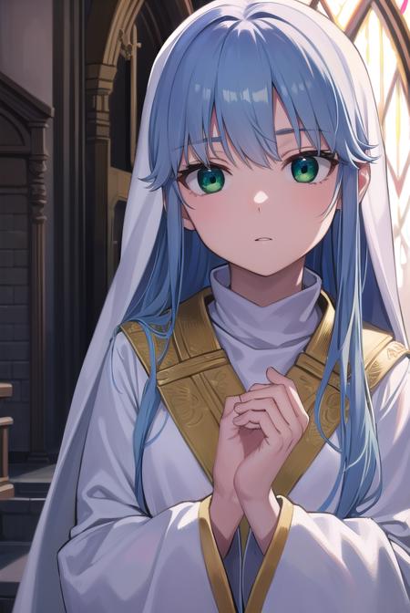 index, (green eyes:1.5), blue hair, long hair, habit, long sleeves, nun, robe, white robe, wide sleeves,