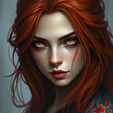 A woman with Red hair and Luminous eyes looks at the camera, Beautiful picture of the character, character portrait, character portrait,  Charlie Bowater character art, epic portrait illustration, подробныи character portrait, neo-artcore and Charlie Bowater, high quality portrait, fantasy concept art portrait, detailed matte fantasy portrait, charlie bowater art style, Detailed beautiful portrait, fantasy art portrait, dark, chiaroscuro, low-key, oil and watercolor painting