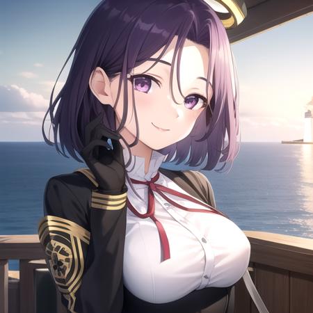 ((masterpiece)),(best quality),official art,extremely detailed CG,unity 8k wallpaper,ultra detailed,A lighthouse on a cliff by the sea,1girl,solo,upper body,(portrait:1.2),mechanical_halo,purple_hair,short_hair,purple_eyes,smile,school_uniform,dress,black_gloves,shoes,medium_breasts,<lora:Tatsuta(kan)>,