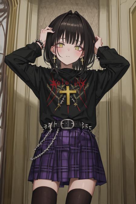 1girl, solo, skirt, thighhighs, jewelry, shirt, looking at viewer, black shirt, black thighhighs, black hair, earrings, yellow eyes, plant, medium hair, cross, plaid, cowboy shot, blush, long sleeves, belt, potted plant, indoors, purple skirt, bracelet, bangs, black nails, spikes, plaid skirt, head tilt, spiked bracelet, standing, black belt, closed mouth, latin cross, own hands together, lamp, hands up, nail polish, clothes writing 
///////////  <lora:GU-000183:1>