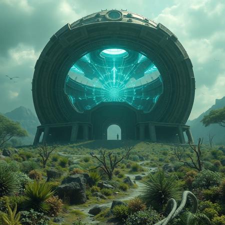 An ancient alien structure suddenly hums back to life with plasmid waves and electrical energy after millennia of inactivity. The landscape around it is covered in alien wildlife and flora.