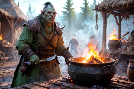 bioluminescent, an orc cook with green skin, wearing a stained apron, stirring a large pot, solo, from the Skullsplitter Clan, with spiked armor and skull helmets, an orc camp with leather tents, wooden stakes, a central bonfire, detailed background, roasting meat, turning a spit over a fire, curious, eyes wide, dynamic angle, wide shot, an orc migration with orcs moving, carrying goods, worgs pulling carts, a pile of bones, nearby, on a forge floor, soot-covered, sunny, bright sunlight, clear skies, warm glow, early evening, soft orange glow, first stars appearing, cooling air, best quality, vibrant colors, photorealistic style, high detail, high-definition, hyper-realistic, extremely high-resolution details, fine texture, incredibly lifelike, realistic, not cartoon, not drawing, highres, 4K resolution, source photo, realistic photo, masterpiece, best quality, amazing quality, very aesthetic, ultra-detailed, detailed textures, natural lighting, soft lighting, orc earth tones, greens, browns, grays, misty light, diffused soft glow, overhead shot, <lora:Mystic_Lumina_r1-000007:0.9>