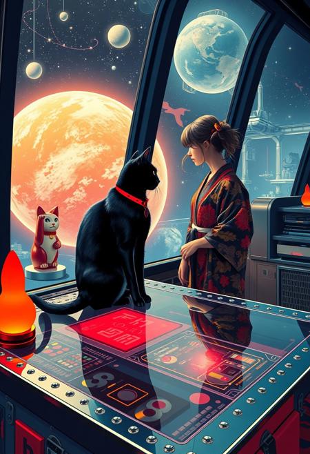 YFG-Asak Surreal Pop Art Style, a bright, whimsical scene of A sleek black cat with red collar sits on a cluttered metal riveted desk with transparent top and led lit computer components visible inside, On the desk are a maneki neko statue and a lava lamp, the Black cat is looking out of a seamless and futuristic floor to ceiling window that looks out at a planet from low orbit, (((a beautiful woman, 24 years old, is standing next to the desk looking out the window, the woman is dressed in an ornate Japanese style bath robe. An enormous deco-cyberpunk starship with futuristic lighting and an enormous space station are visible in the background among the stars, The woman's hair is messy from just waking up and tied up with a ribbon. Artistic cyberpunk, dynamic perspective, (((overall architectural aesthetic is Art Deco Cyberpunk))).  Epic image that elicits a feeling of wonder and awe,  all set against a striking, abstract background with bold, geometric patterns.