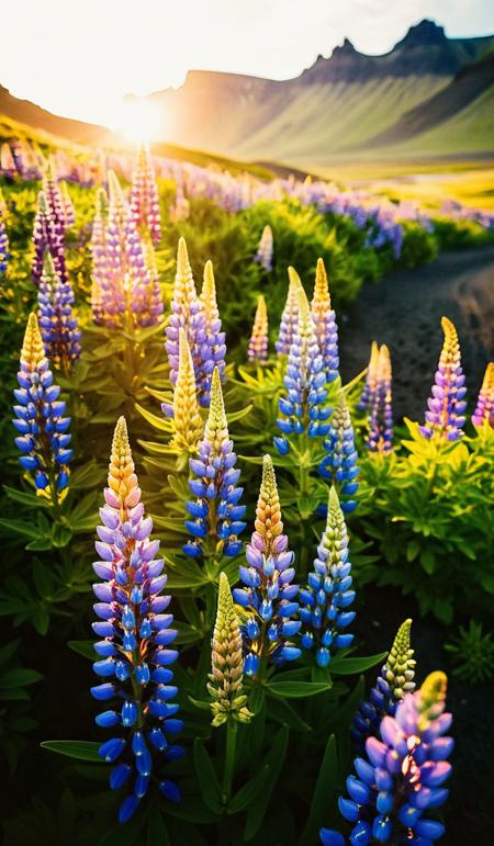 photo by Melissa Stemmer, Blooming lupine flowers on the Stokksnes headland on the southeastern Icelandic coast. Iceland, Europe. Artistic style post processed photo., breathtaking photograph, <lora:melissa-stemmer-1.0:1>, cinematic look, minimalistic, blurred background, warm atmosphere, daylight, professional color grading, simple look, unedited photography, natural, unassuming, simple style, award-winning, stunning, glistering light, golden hour, kodak kodachrome, vintage look, vibrant colors, Retro filter, vintage style, Instagram toning effect, <lora:add-detail-xl:2>