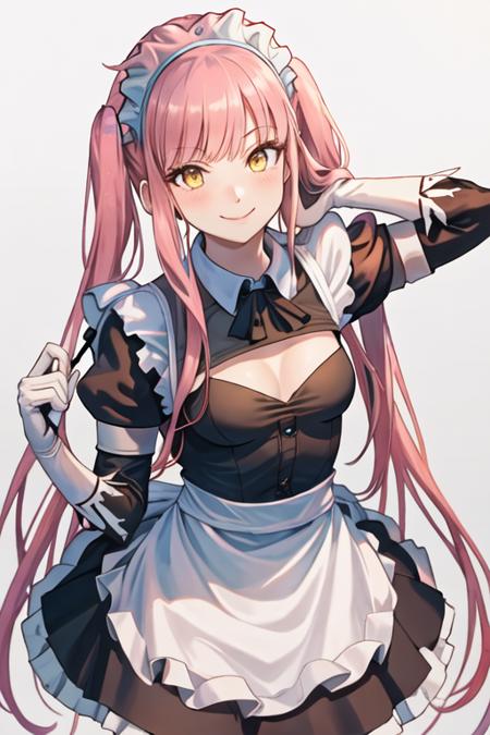 best quality, masterpiece, highres, solo, {maid:1.40}, {long maid dress:1.15}, {queen_medb_fgo:1.15}, pink_hair, long_hair, bangs, yellow_eyes, smile, tiara, breasts, blush, medium_breasts