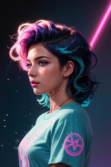 synthwave punk style, vaporwave style, synthwave, vaporwave colors, nvinkpunk, (masterpiece, best illustration, extreme light and shadow), swpunk, synthwave, 1boy, male focus, wild hair colors, award winning half body portrait of a femboy in a long tshirt with ombre navy blue teal hairstyle with head in motion and hair flying, paint splashes, splatter, outrun, vaporware, shaded flat illustration, digital art, trending on artstation, highly detailed, fine detail, (dynamic angle), depth of field, tattoos, (sidelighting), in the style of stanley lau, art by artgerm, (volumetric lighting), paint splatters