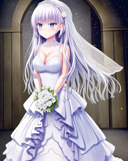 ((masterpiece)),(((best quality))), ((ultra-detailed)), ((illustration)), masterpiece, best quality, highres, {beautiful detailed eyes}, finely detail, Depth of field, 4k wallpaper, wind, Depth of field, 
solo, wearing (very detailed frilled wedding dress:1.1), (endlessly growing absurdly long hair spreading on the ground endlessly:1.3), (space style:1), standing in a church, bride, wedding, cleavage and medium breasts, holding flower