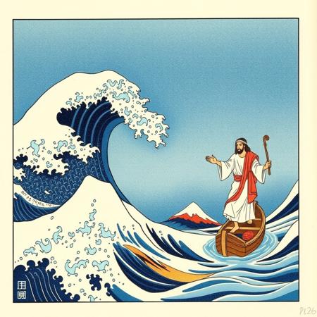 Art of the famous piece by Katsushika Hokusai “Under the Wave off Kanagawa”, the wave is on the and on the right Jesus is walking on water while his disciples watch from a boat.