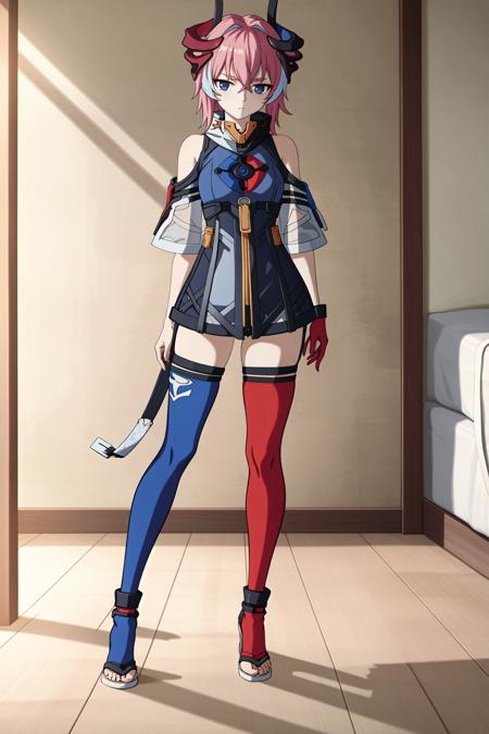 delta honkai3rd,<lora:delta-000015:0.8>,asymmetrical legwear,red legwear,blue legwear,expressionless,bedroom,, 1girl,
,  (masterpiece,best quality:1.2),absurdres