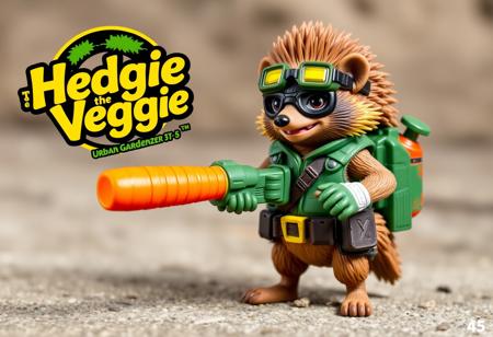 "1990s-style action figure toy of an anthropomorphic hedgehog dressed as a forest-themed urban gardener superhero. Bright retro toy logo with bold fonts and 'Hedgie the Veggie™' title. The hedgehog wears a green utility vest, gardening gloves, and goggles, holding a giant carrot-shaped cannon. Stylized accessories like seed bombs, watering can backpack, and veggie belt. Bright colors, nostalgic aesthetic, detailed toy design, whimsical and heroic style, bold comic-book shading. 4:5 aspect ratio --v 5 --style 90s --ar 4:5"