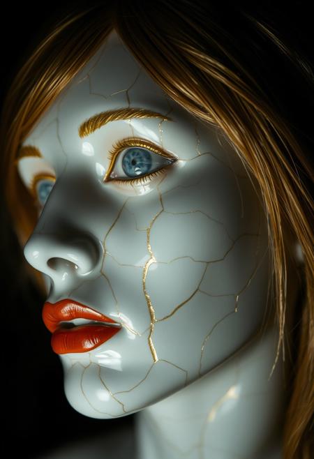 Closeup of a Cracked Porcelain woman face, gold hair, kintsugi, cracks repaired with gold, surrealistic, dark background, dramatic light
