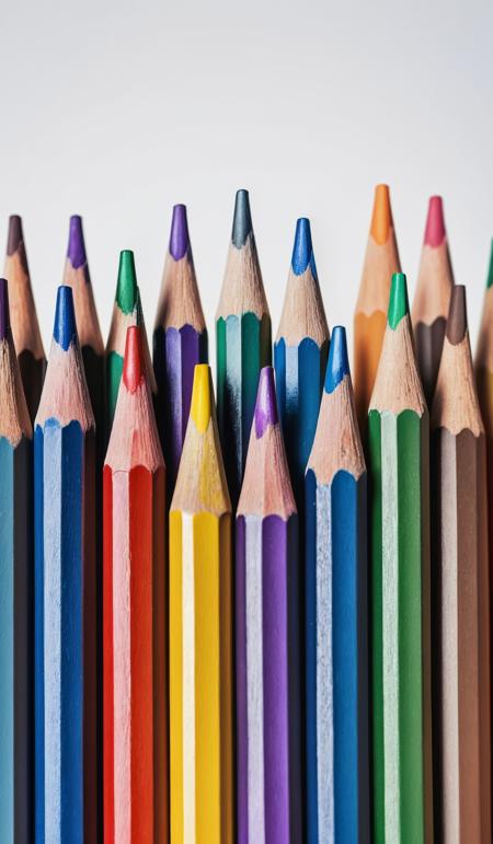 (macro shot:1.6), row of rainbow colored pencils, symmetric row, pointing upwards, on white background, top view, film, cinematic look, focus stacking, dslr, white space on top
