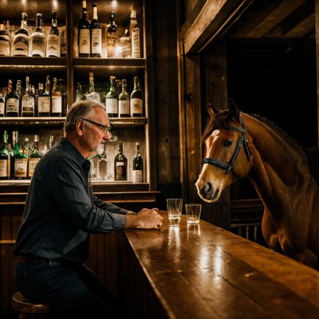 RAW photo, man and (horse:1.3) in a bar night bottles glasses, 8k uhd, dslr, soft lighting, high quality, film grain, Fujifilm XT3
 ADDCOMM 
elderly man bartender stading behind bar cleaning glass apron shelf with liquor bottles
 ADDROW 
Bar counter glasses stools
 ADDCOL
(horse :1.3) bar counter window lamps