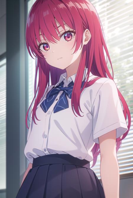 sakisaki, <lora:saki saki s2-lora-nochekaiser:1>,
saki saki, long hair, bangs, (red eyes:1.3), red hair,
BREAK skirt, shirt, bow, school uniform, white shirt, short sleeves, pleated skirt, bowtie, blue skirt, 
BREAK indoors, classroom,
BREAK looking at viewer, (cowboy shot:1.5),
BREAK <lyco:GoodHands-beta2:1>, (masterpiece:1.2), best quality, high resolution, unity 8k wallpaper, (illustration:0.8), (beautiful detailed eyes:1.6), extremely detailed face, perfect lighting, extremely detailed CG, (perfect hands, perfect anatomy),