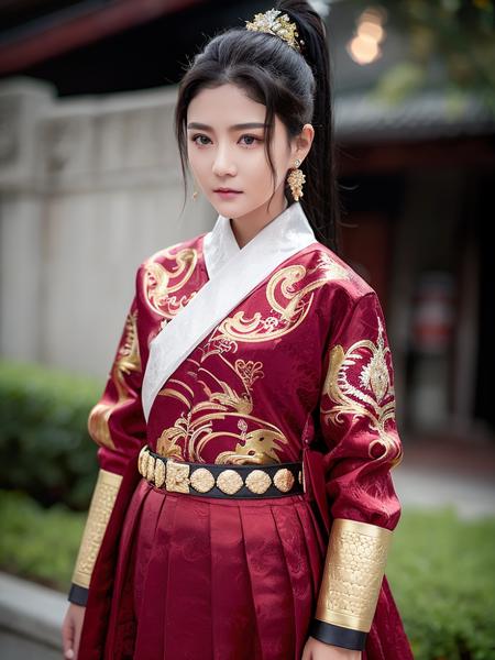 feiyu_clothes, red fabric, gold embroidery,  black bracer with golden embroidery,  high ponytail, depth of field, night cityscape, (1girl:1.6),   ulzzang-6500v1.1, (original: 1.2), (realistic: 1.3) , beautiful girl with beautiful details, extremely detailed eyes and face, eyes with beautiful details, absurd, incredibly absurd, huge file size, ultra detail, high resolution, ultra detailed, best quality, masterpiece, illustration, ultra detailed and beautiful, ultra detailed, CG, unity, 8k wallpaper, amazing, fine Detail, masterpiece, top quality, official art, extremely detailed CG unity 8k wallpaper, cinematic lighting, (perfect shiny skin:0.6), slim and smooth lines, (floating), (small breasts:1),  earrings , <lora:Feiyu_clothes_v1:0.8> <lora:koreanDollLikeness_v15:0.2>