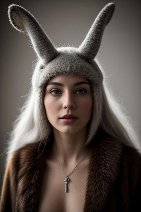 (masterpiece, best quality, stunning, highly detailed, close-up view of a rabbit-sheep hybrid creature, (intricate furs, detailed wool, luxury rabbit ears, detailed silver horns, majestic horns, silver rabbit incisors, soft hair  ), dramatic lighting, HDR, (mythical, fantasy), oil painting), legendary creature, trending on artstation
