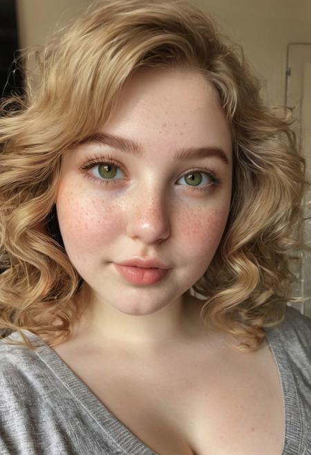 1girl, upper body, 18yearsold, half-angloirish, 1/4desi 25%, identical iris, curly blonde hair, pale skin, freckles, (Greeneyes 1:1), curvy, plump, bbw, chubby, fat, fatface, puffy lips, slightfrown, big nose, thinupperlip, hugetits, drooping breasts(1:1), massivebreasts(1:1), busty(1:1), wide nose, cleavage (2:1), torso, mommy milkers, wide mouth, eyes apart wide, slightlyhomely, portrait, cute model, Long thick Maxi Skirt, wet t shirt, swept back hair, alluring smile, bedroom, perfect eyes, highly detailed beautiful expressive eyes, detailed eyes, 35mm photograph, film, bokeh, professional, 4k, highly detailed dynamic lighting, photorealistic, 8k, raw, rich, intricate details, identical pupils