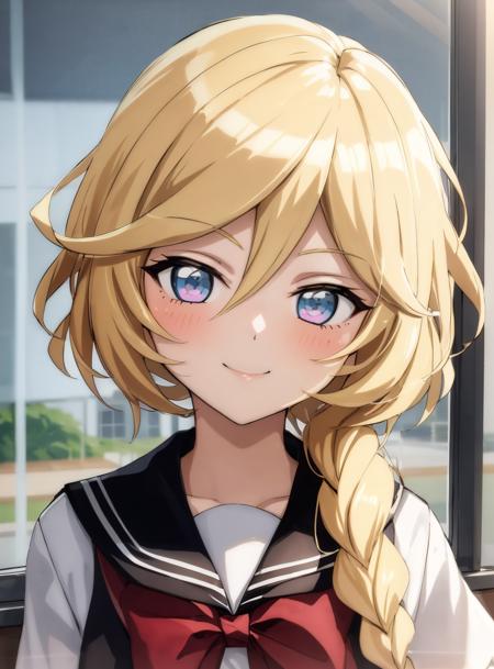 1girl, blonde hair, absurdly long braided ponytail, school uniform, window, upper body,  portrait, light smile,