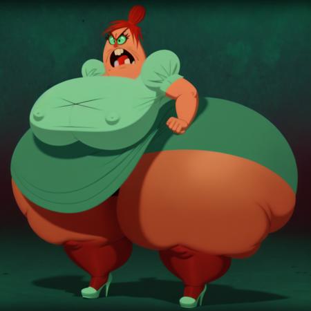  large, obese, woman, green top, green skirt, red hair in a bun, green eyes