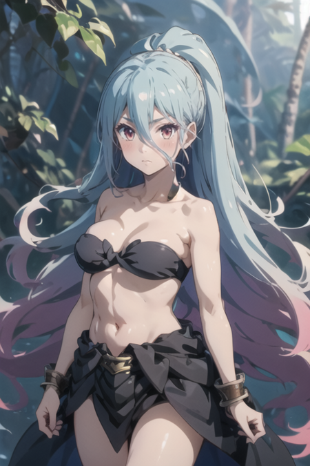 long hair,bare shoulders,very long hair,1girl,collarbone,looking at viewer,navel,hair between eyes,Large Breast,solo,closed mouth,strapless,stomach,jewelry,bandeau,skirt,v-shaped eyebrows,cowboy shot,midriff,bare arms,black skirt,tube top,ahoge,bikini,swimsuit,standing,black bikini,