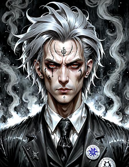 Brocore, mist, highborn Man, 🥳, Chemist, his hair is Award-Winning, Guillaume Sorel, Darkpunk, portrait art by Ayami Kojima