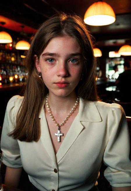 (((detailed intimidated face))) (photo of 19yo prude Catholic girl in a shady bar surrounded by hooligans), in UK, (long bar full of men), huge 34DD breasts, wearing high closed tight button Blouse,Natural skin texture, perfect hands,  dim light shining on her hair, shadows over her chest, Award - winning,  with Kodak Portra 800, a Hasselblad 500 ,55mm f/ 1.9 lens, extreme depth of field, available light, high contrast, Ultra HD, HDR, DTM, 8K,  necklace with cross, pearl earrings