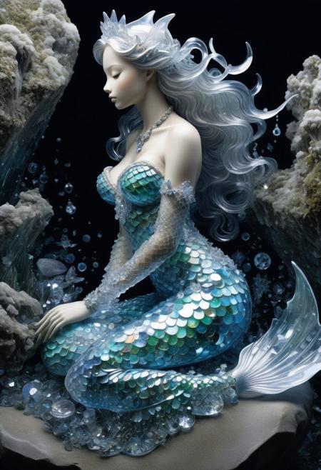 By Jean Baptiste Monge and Mark Brooks and Hirohiko Araki | | FULL-BODY SHOT of ONE beautiful intricate CRYSTAL ICE Mermaid with beautiful crystal patterns, ornate GLASSY CRYSTAL tail scales, hundreds of beautiful starry fractal TRANSPARENT GLASS CRYSTAL scales on her HUGE TAIL, she is sitting on a crystallized rock underwater