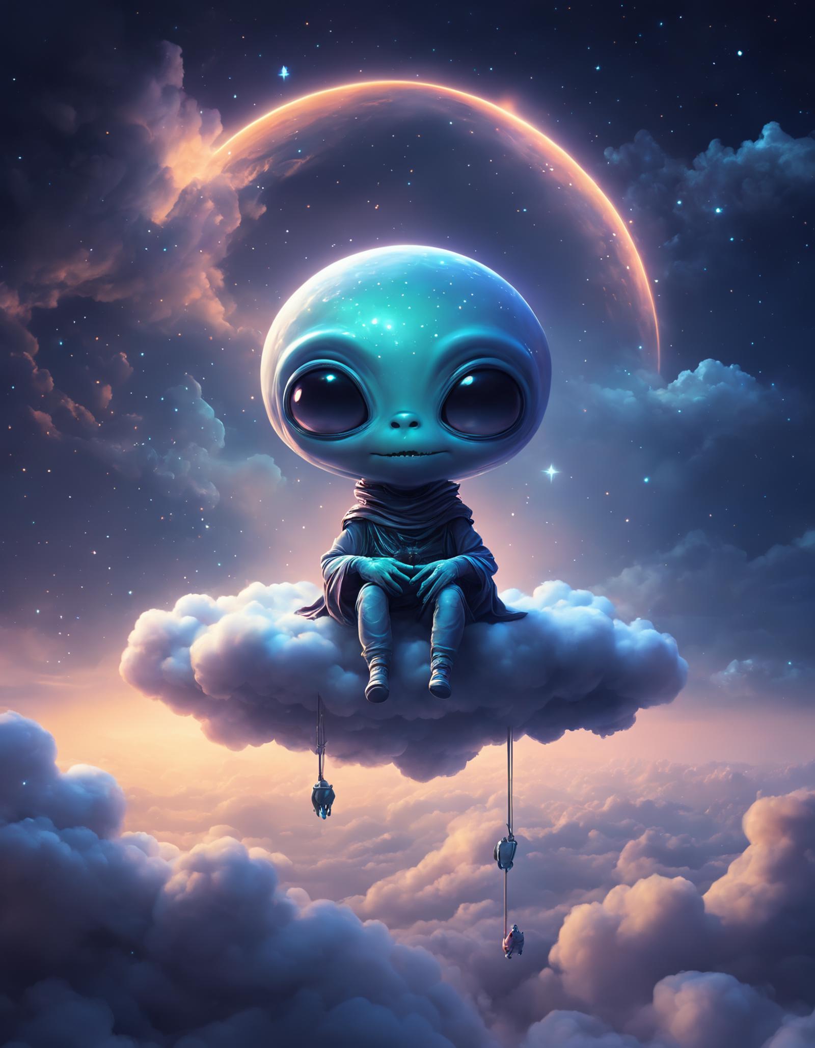 A cute alien sitting on a cloud with a moon in the background.